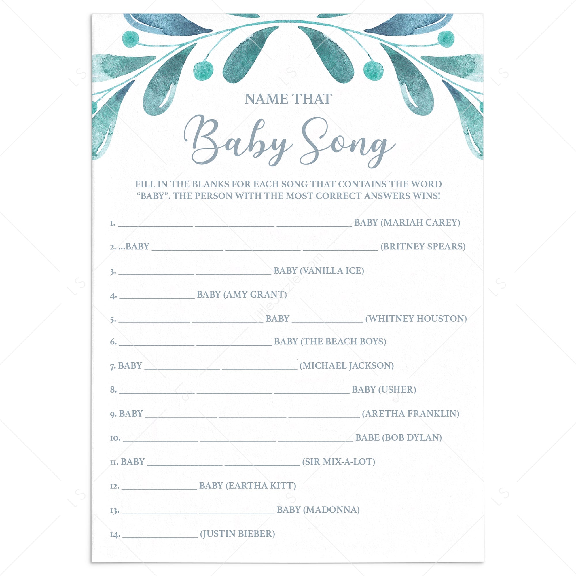 Watercolor Blue Baby Shower Game Guess The Song by LittleSizzle