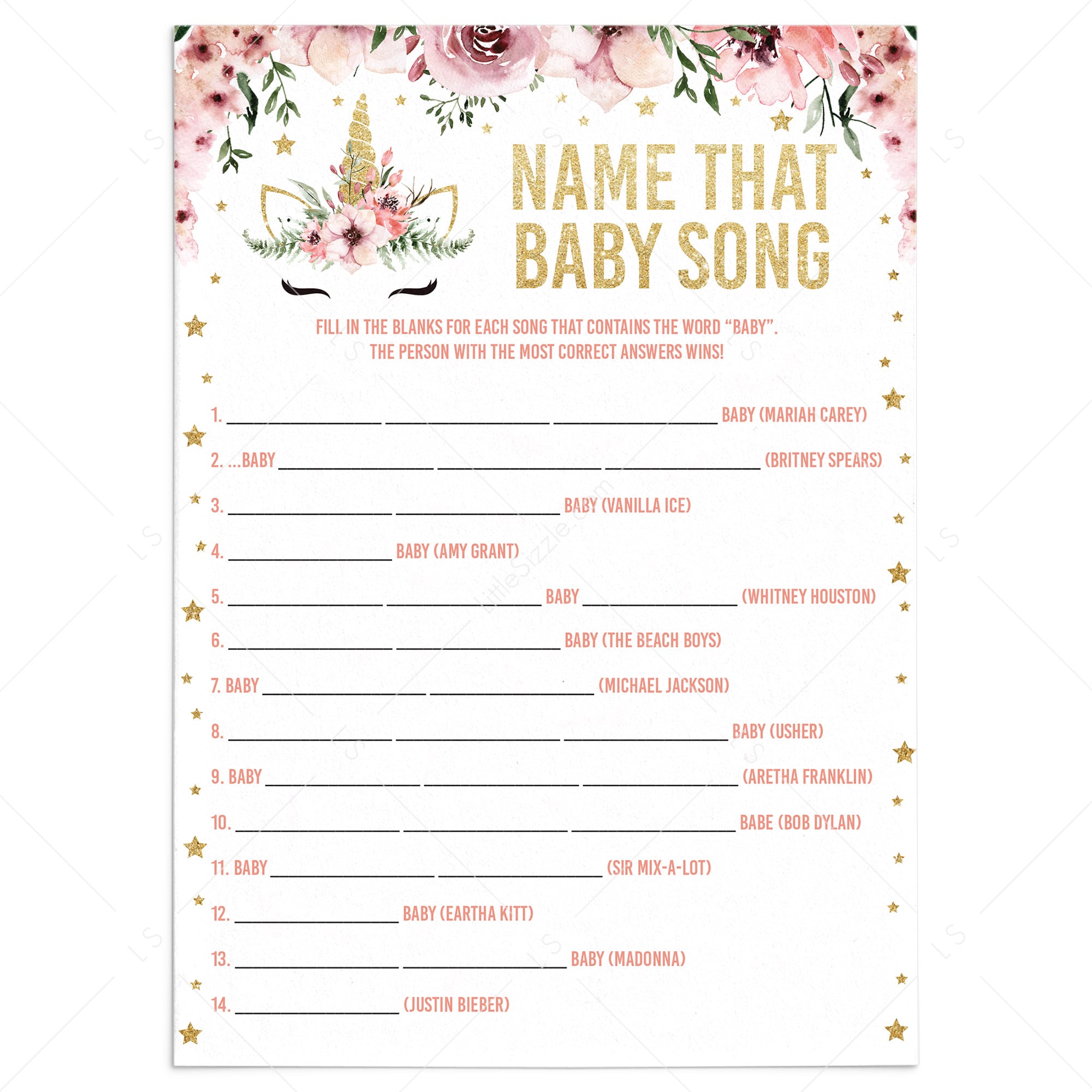 Floral unicorn baby shower games name that baby song by LittleSizzle
