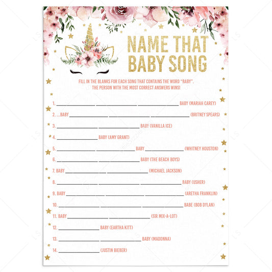 Floral unicorn baby shower games name that baby song by LittleSizzle