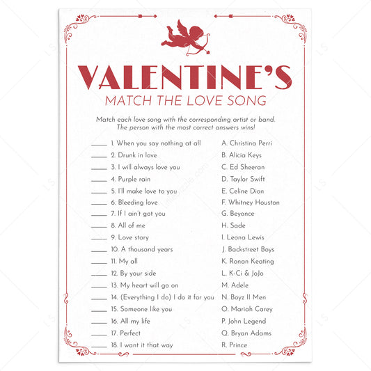 Valentines Love Song Match Game with Answer Key by LittleSizzle