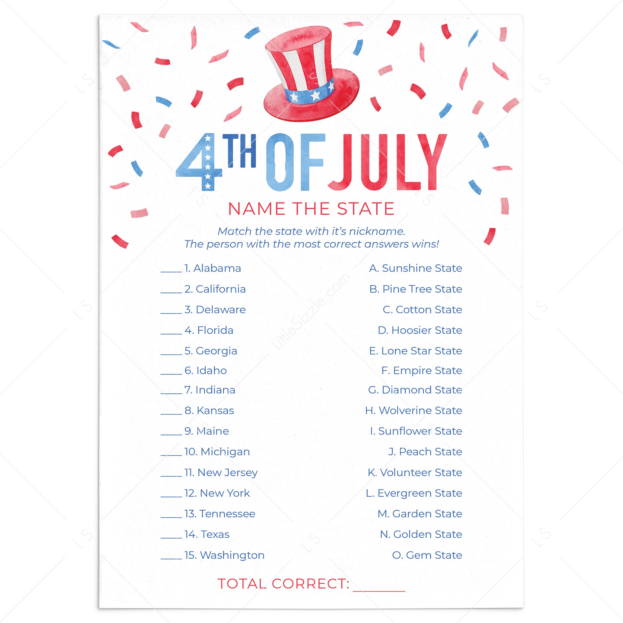 US States Quiz with Answer Key Printable by LittleSizzle
