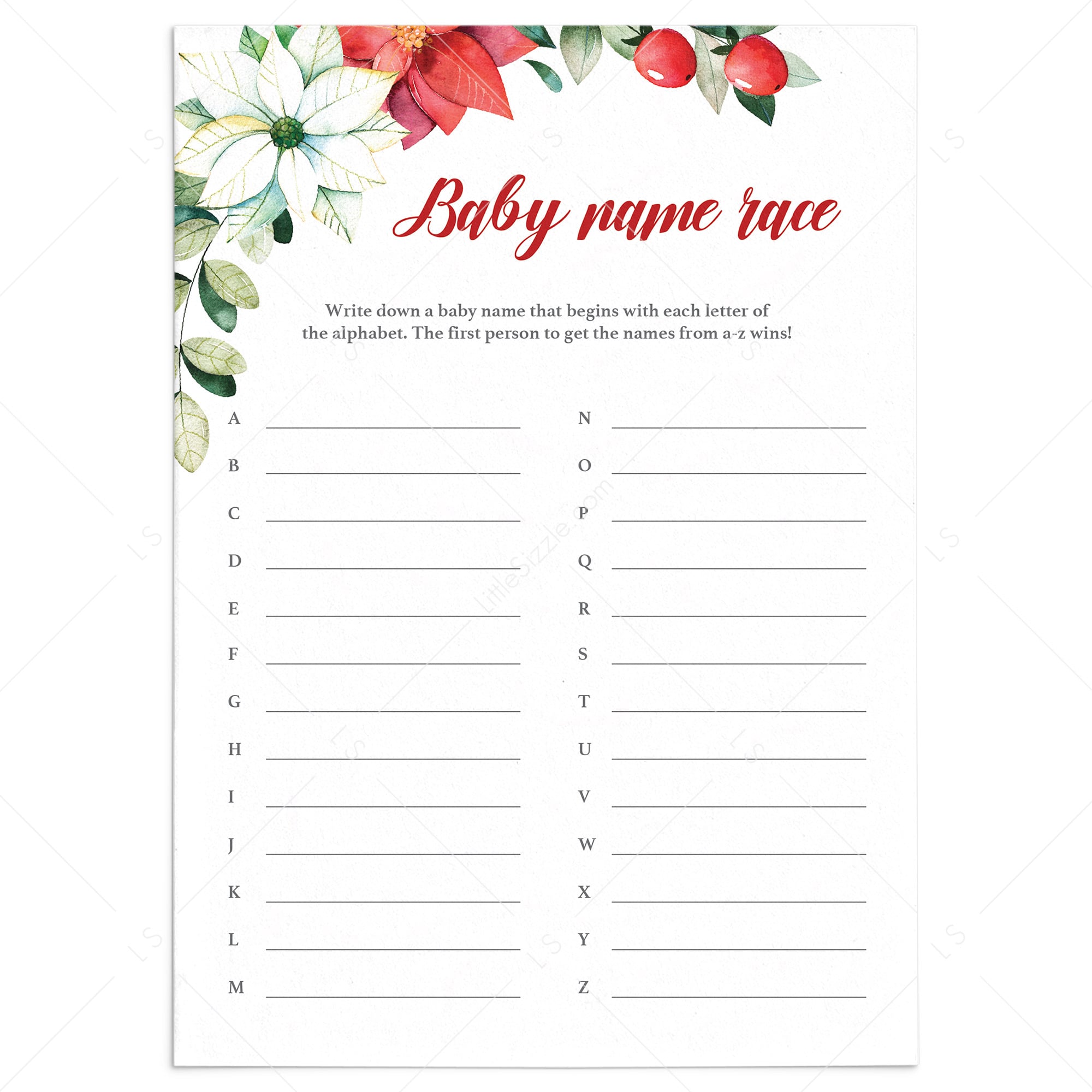Winter Floral Baby Shower Baby Names Game by LittleSizzle