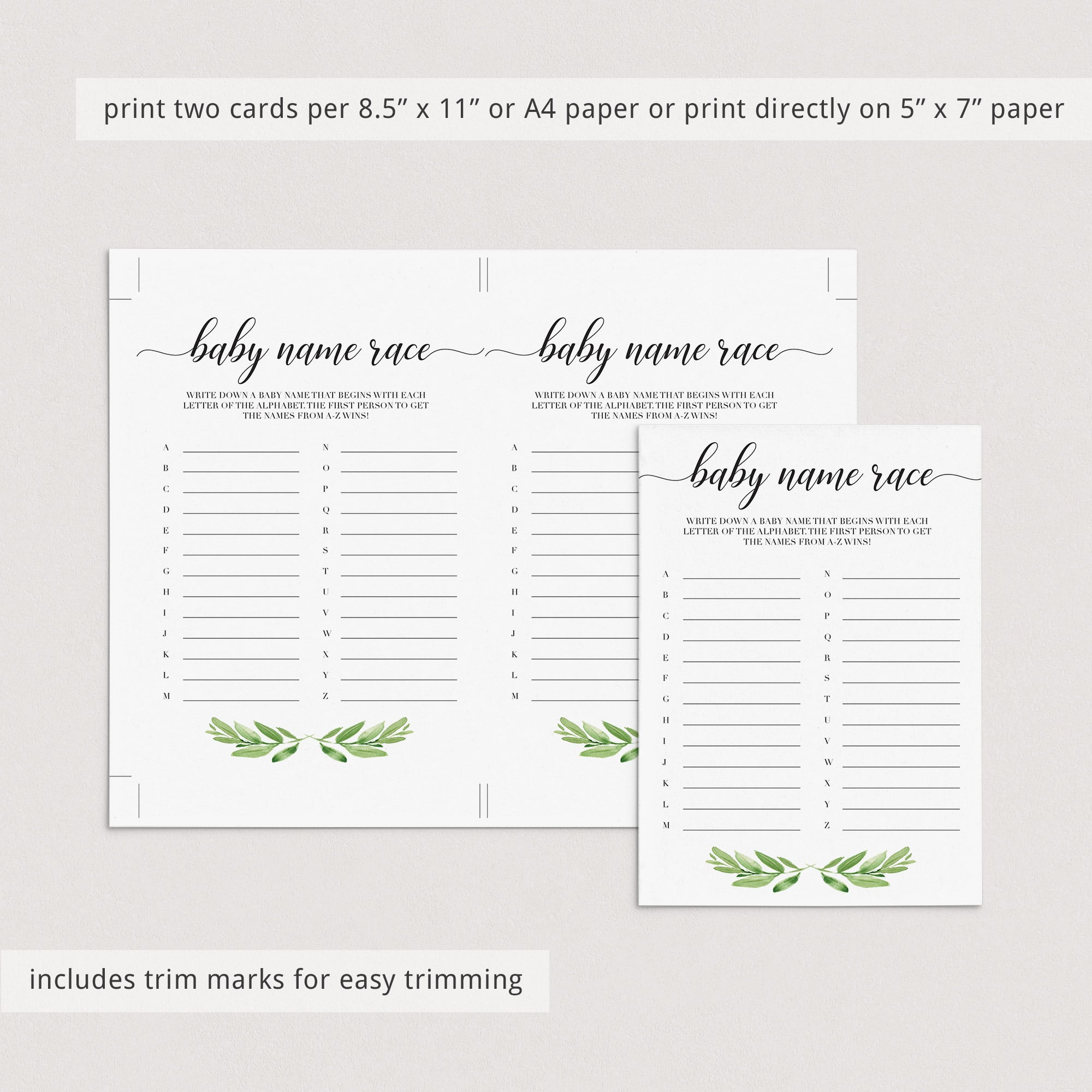 Baby name race game greenery theme by LittleSizzle