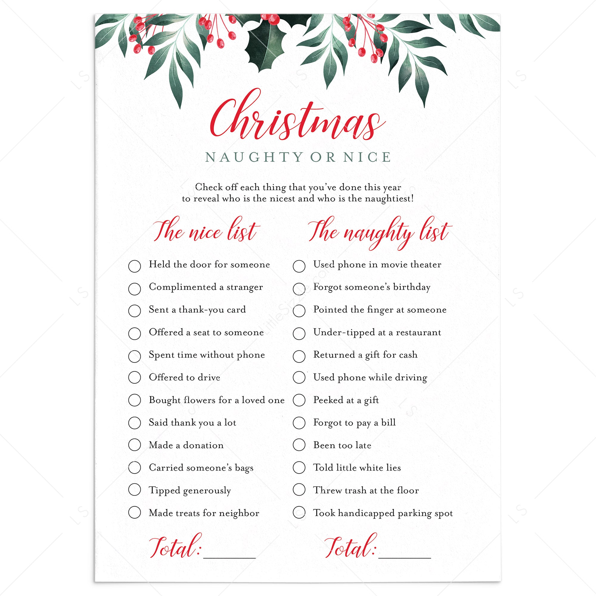 Naughty or Nice Christmas Game for Adults Printable by LittleSizzle
