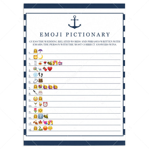 Anchor Bridal Shower Emoji Pictionary Game Printable | Instant download ...