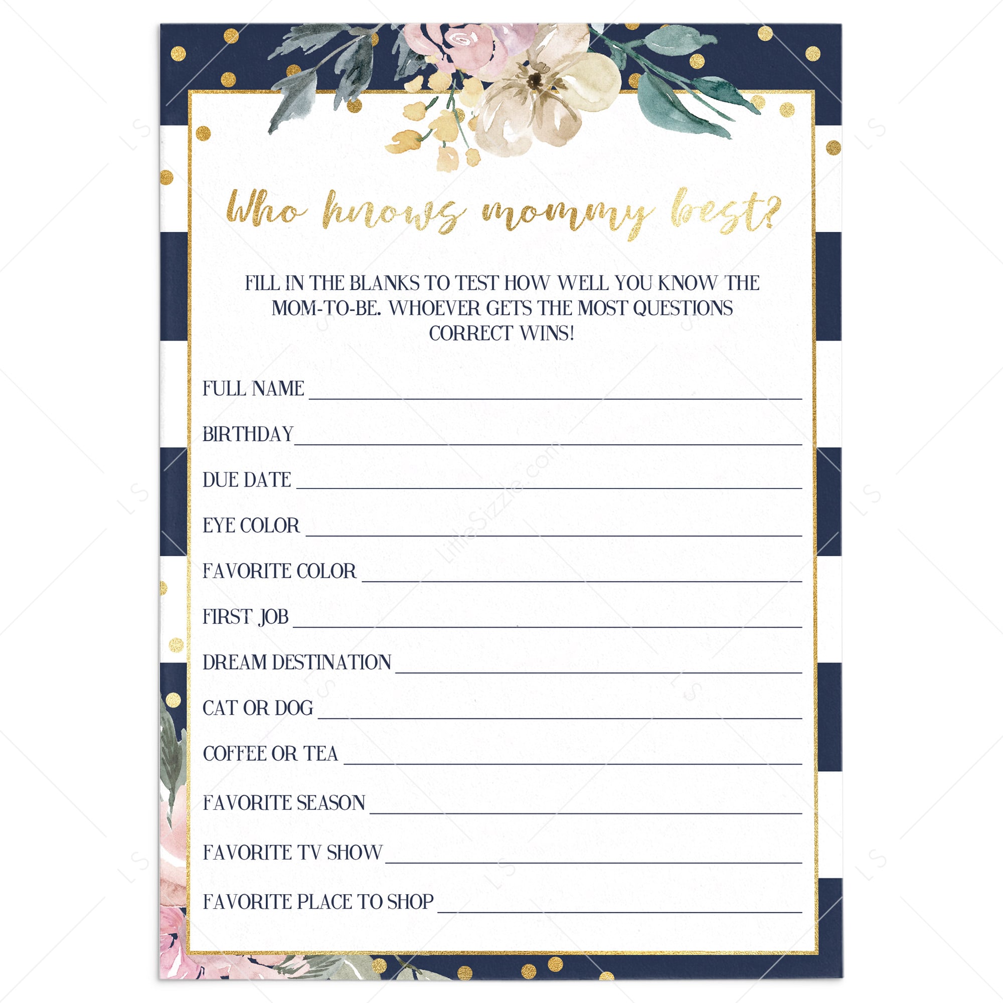 Navy and gold baby shower game by LittleSizzle