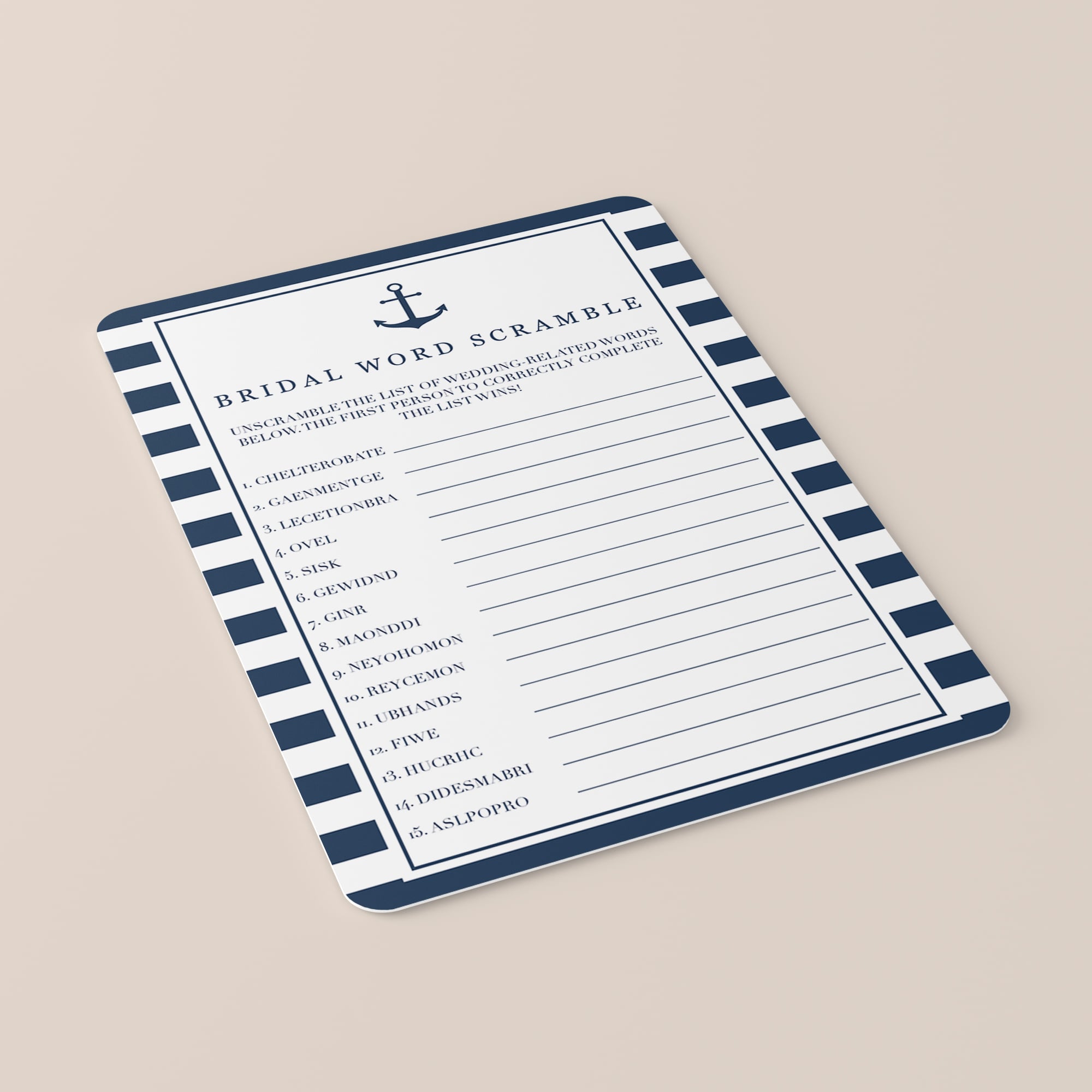 navy and white bridal shower word scramble game cards