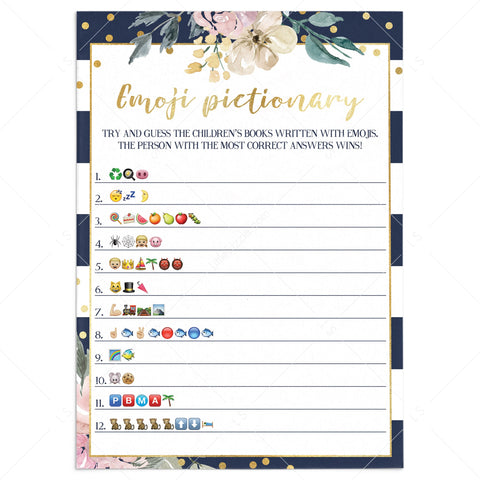 Childrens Books Emoji Pictionary Game | Printable | Navy and Gold ...