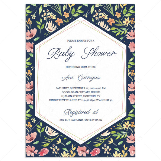 Navy floral baby shower invitation template by LittleSizzle