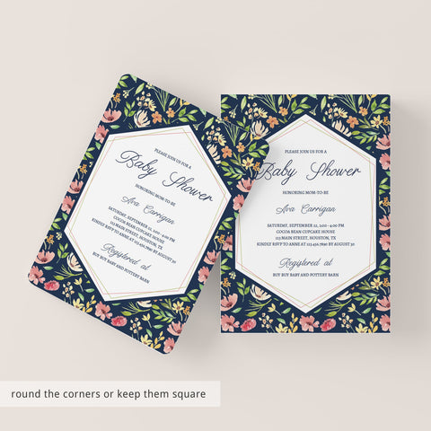 Navy floral baby shower invitation template | Instant download | Unique ...