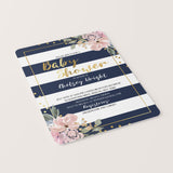 Pink, Gold and Navy Baby Shower Invitation - Florals, Confetti and Stripes