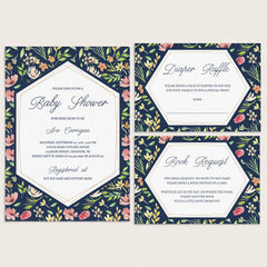 Navy and pink floral baby shower invitation and inserts PDF template by LittleSizzle