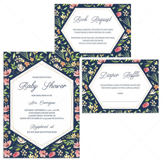 Navy and pink floral baby shower invitation and inserts PDF template by LittleSizzle