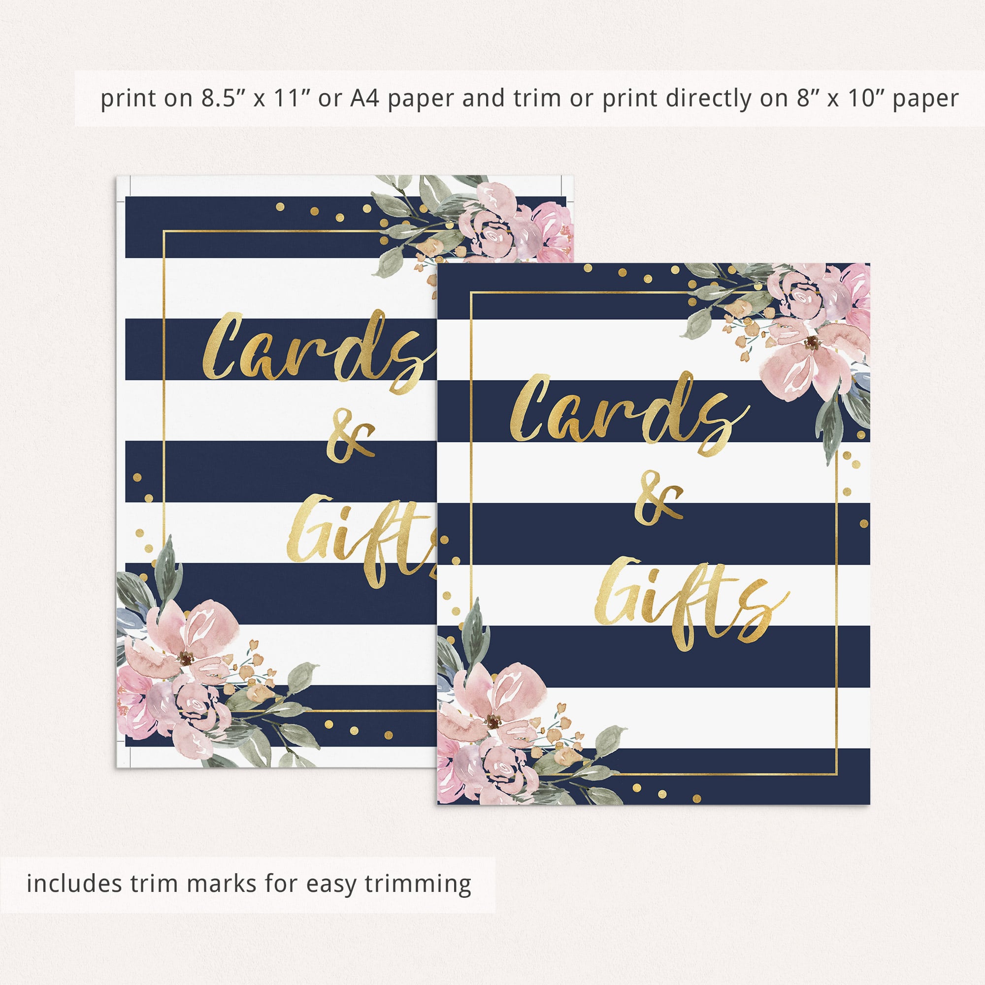Navy pink and gold cards and gifts sign for shower by LittleSizzle