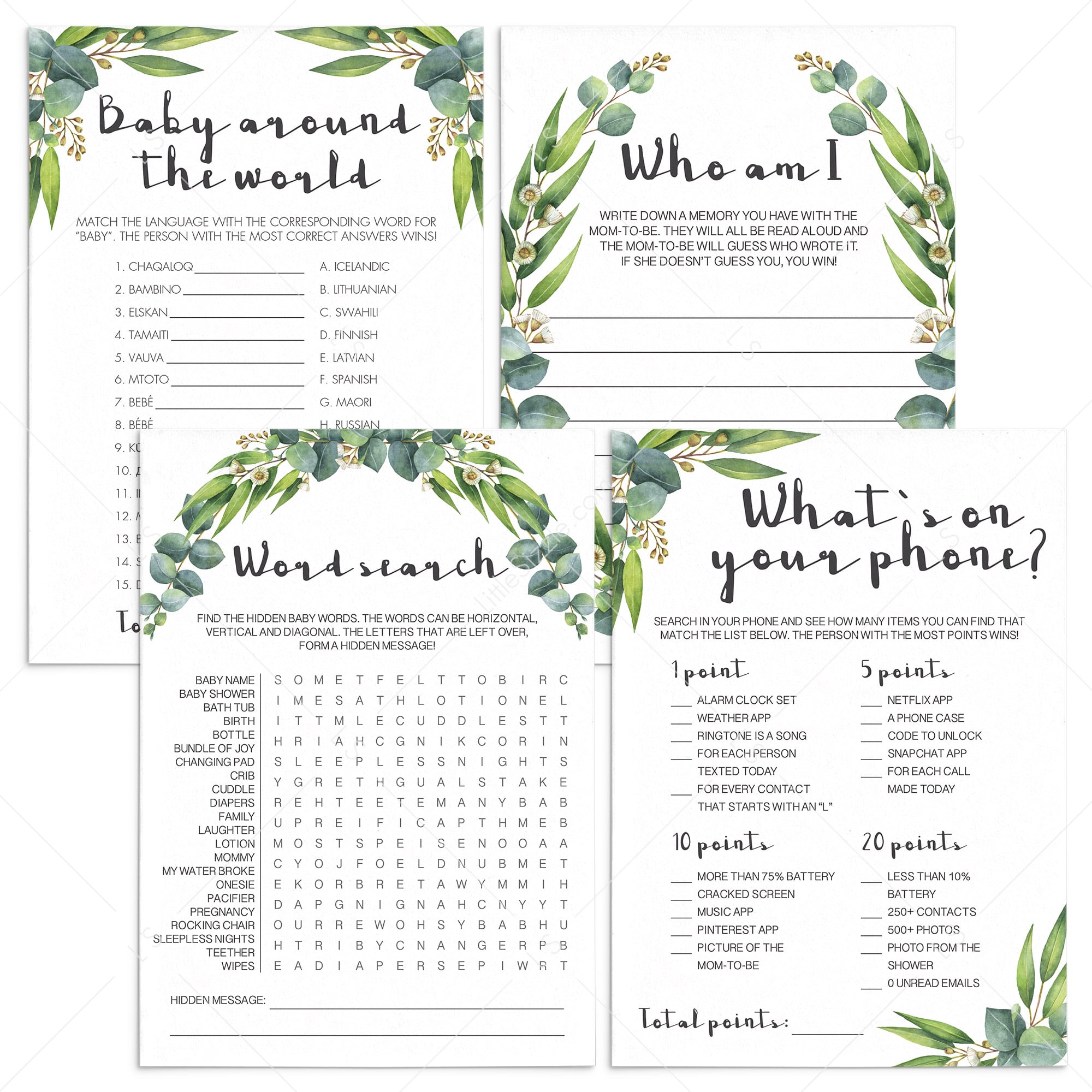 Eucalyptus baby shower games pack printable files by LittleSizzle