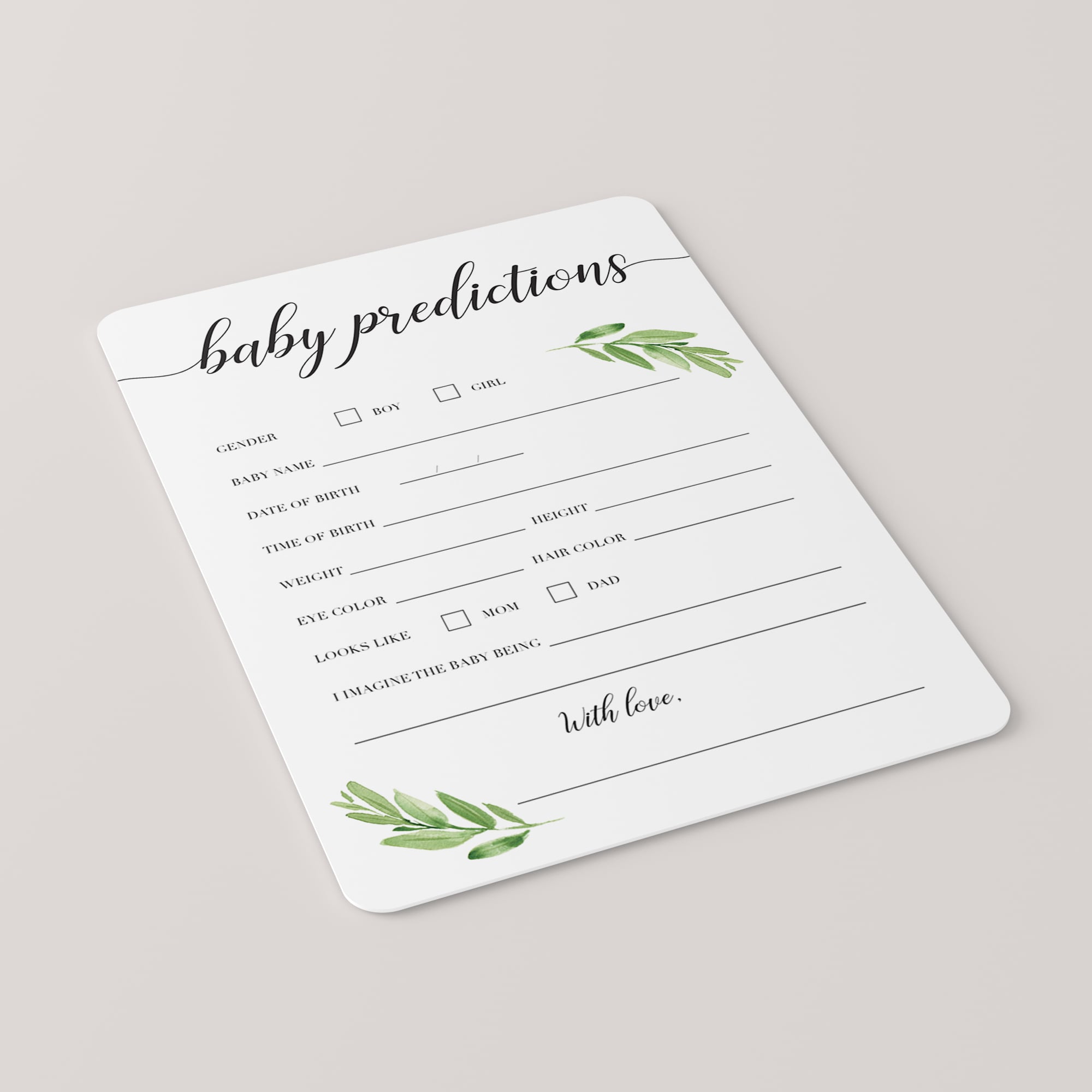 Baby Predictions cards printable greenery theme by LittleSizzle