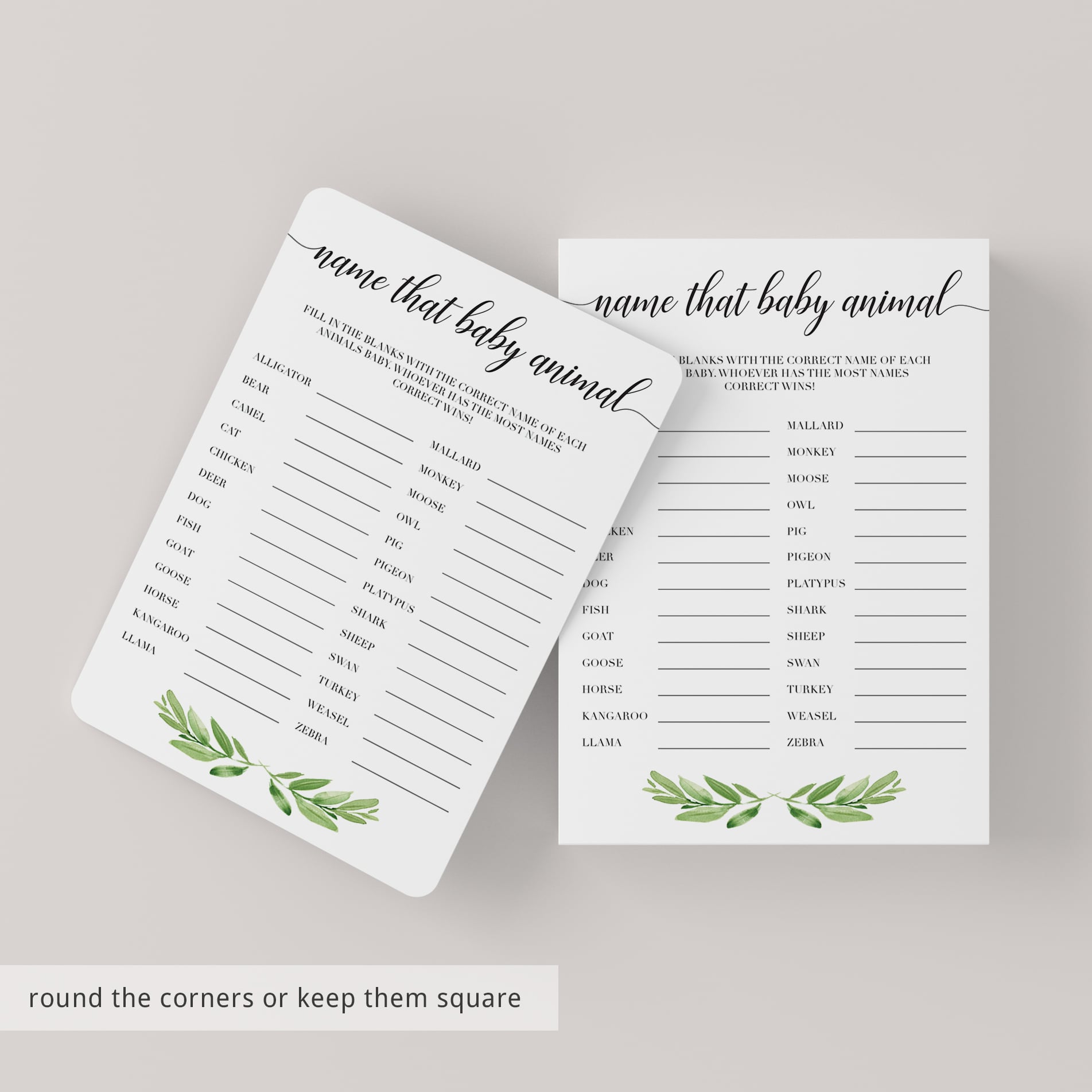 Baby animal quiz printable greenery theme by LittleSizzle