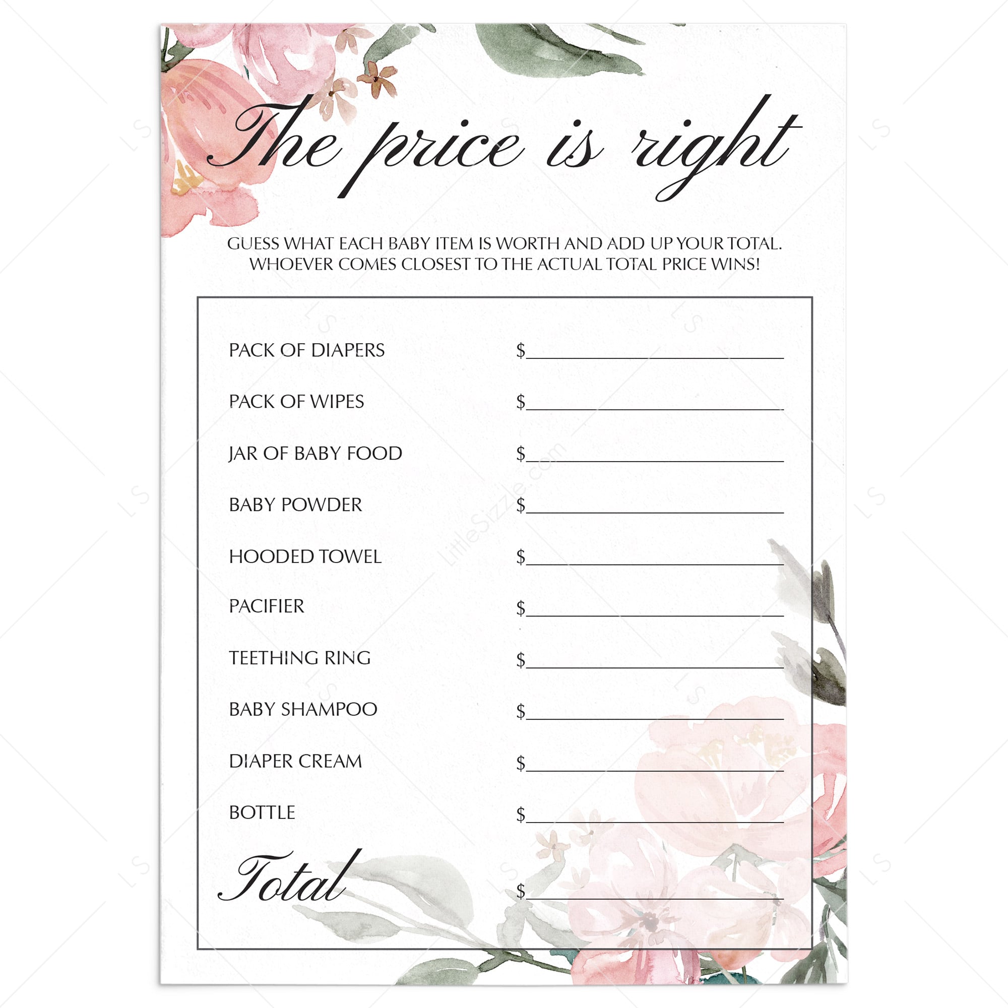 Floral watercolor baby shower price is right printable by LittleSizzle