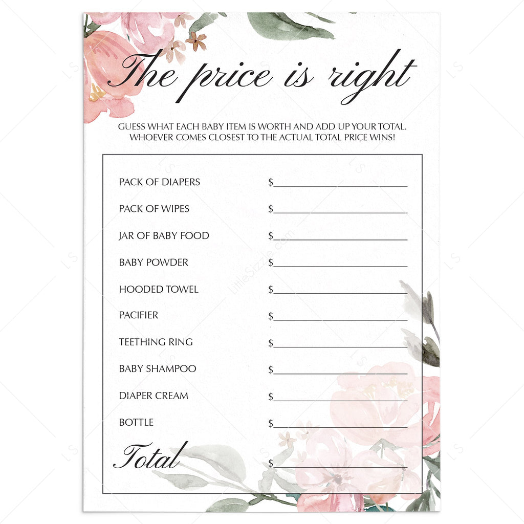 Floral watercolor Price is Right baby shower printable | instant ...