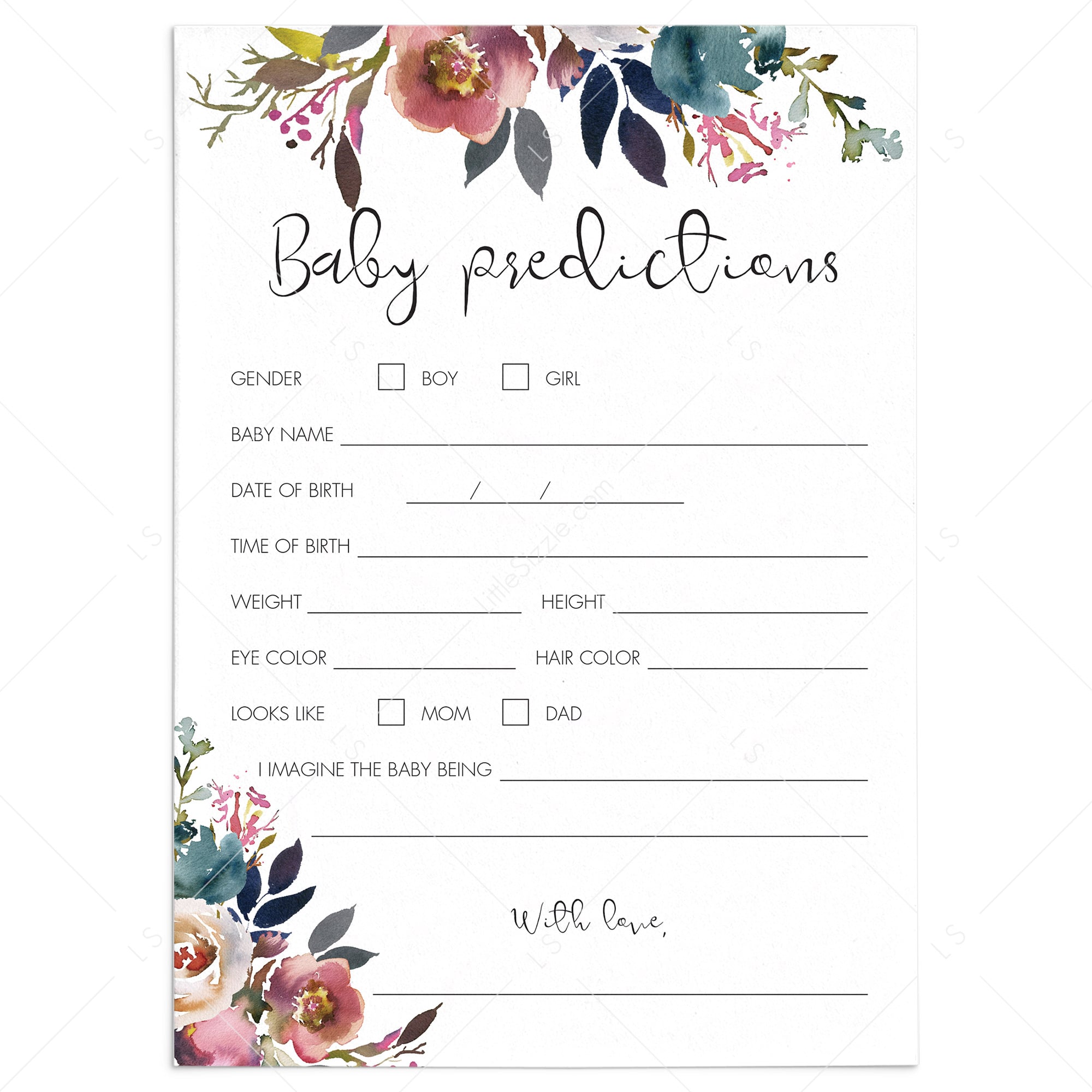 Floral watercolor baby predictions game printable by LittleSizzle