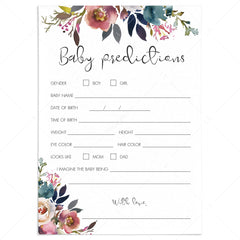 Floral watercolor baby predictions game printable by LittleSizzle