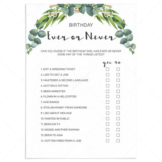 Funny Birthday Party Game for Women Ever or Never Printable by LittleSizzle