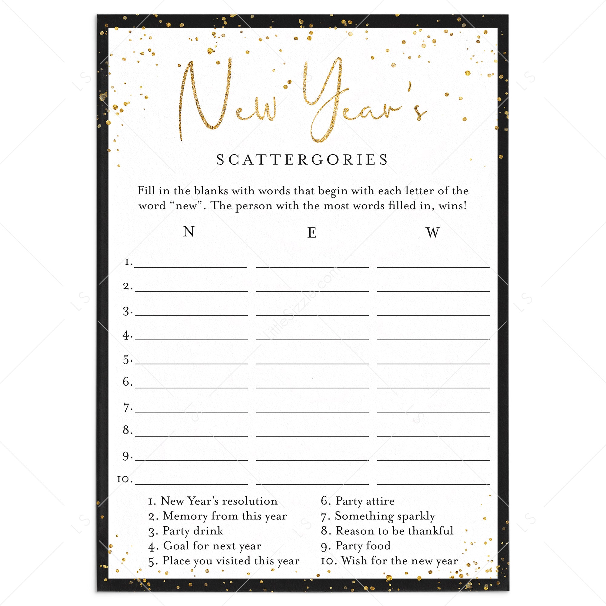 New Year's Scattergories Game Printable by LittleSizzle