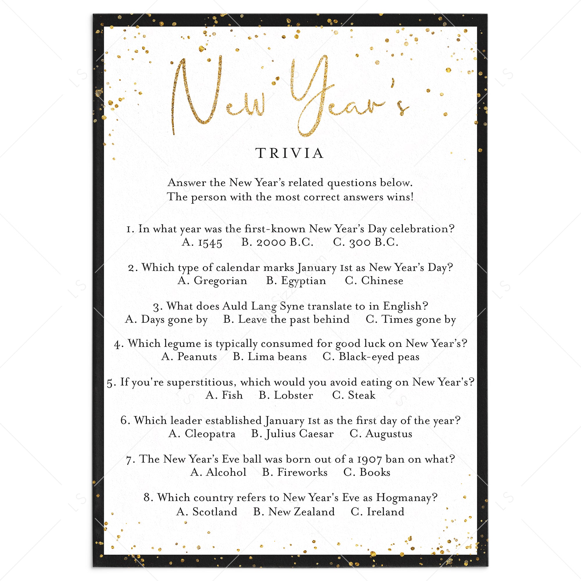 New Years Trivia Game with Answers Printable by LittleSizzle