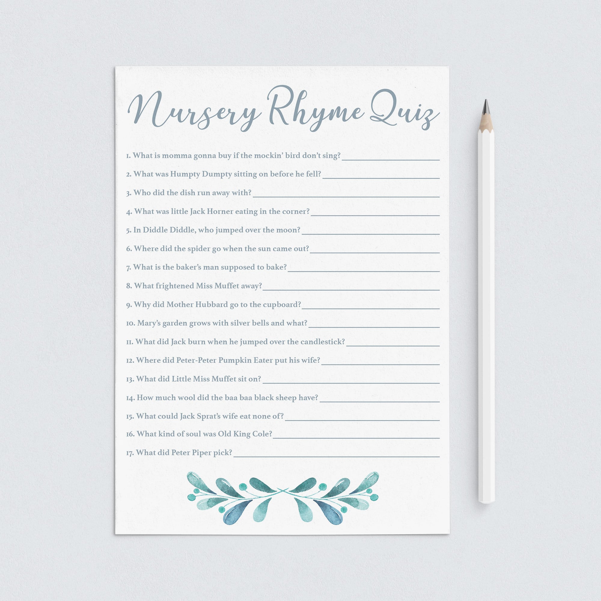Blue and Silver Baby Shower Games Nursery Rhyme Quiz Printable by LittleSizzle