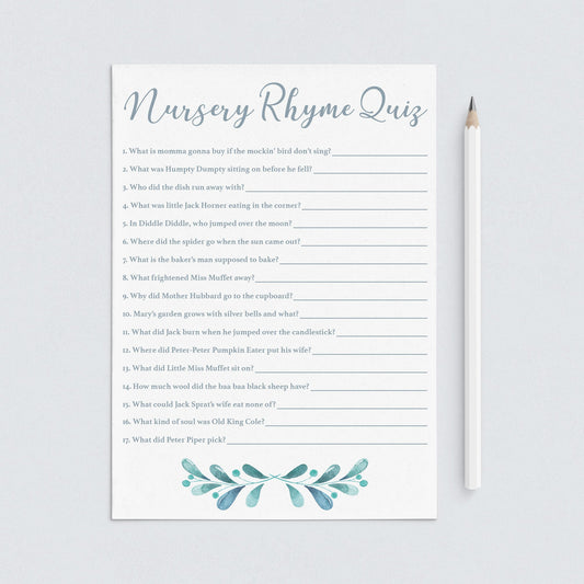 Blue and Silver Baby Shower Games Nursery Rhyme Quiz Printable by LittleSizzle