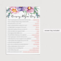 Nursery rhyme quiz answers for girl baby shower download by LittleSizzle