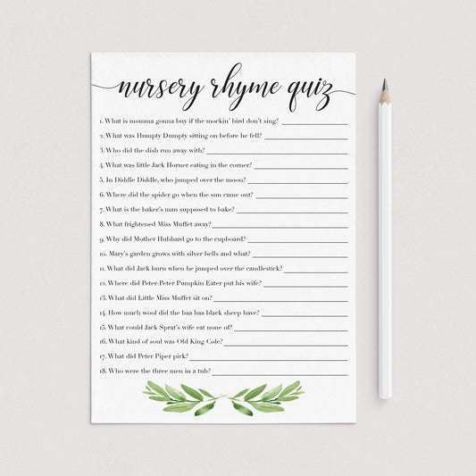 Nursery rhyme quiz answers for baby shower by LittleSizzle