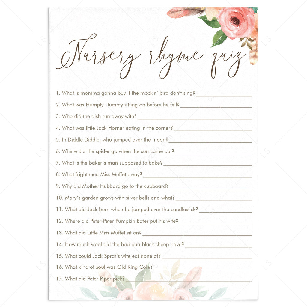 Watercolor Flowers baby shower Nursery Rhyme Quiz printable | Instant ...