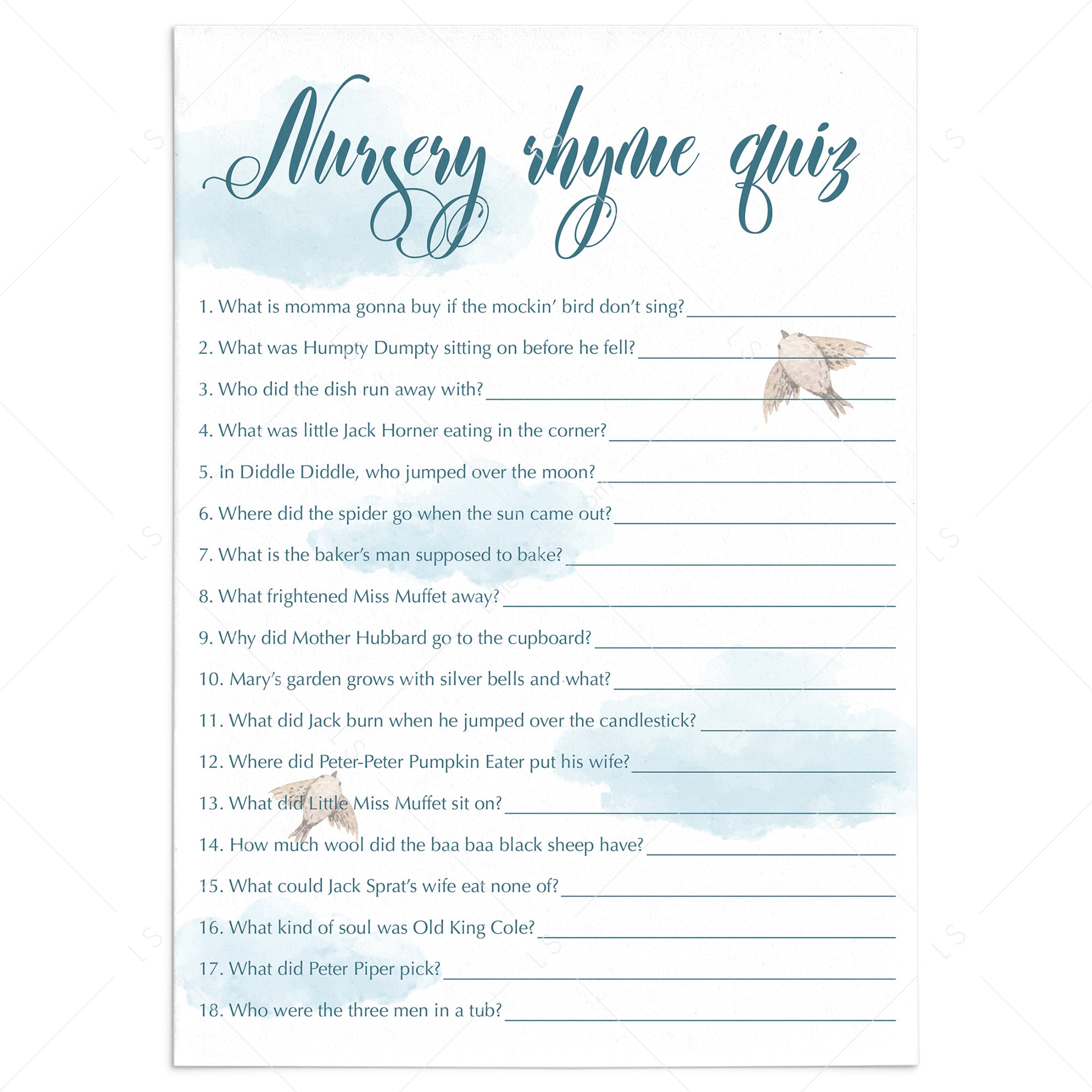 Blue clouds baby party nursery rhyme quiz printable by LittleSizzle