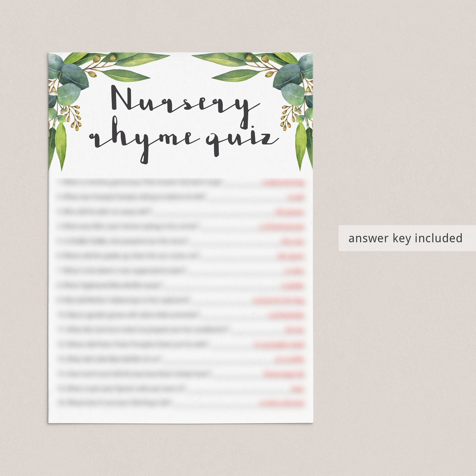 Botanical leaves baby shower game nursery rhyme quiz instant download by LittleSizzle