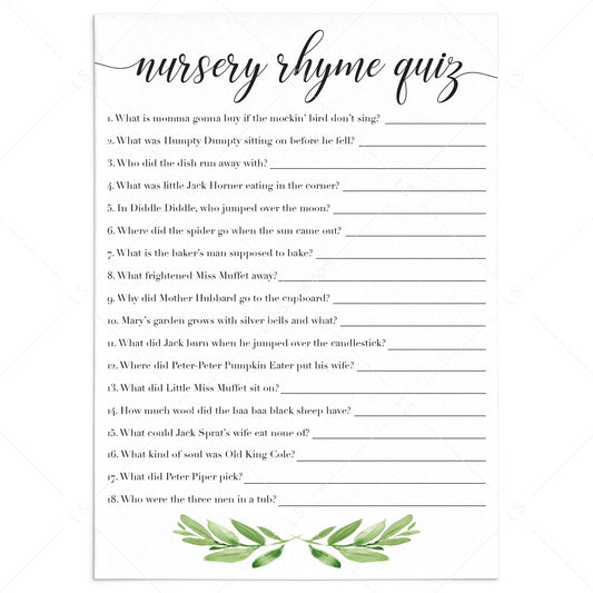Printable Nursery Rhymes Quiz for baby shower by LittleSizzle