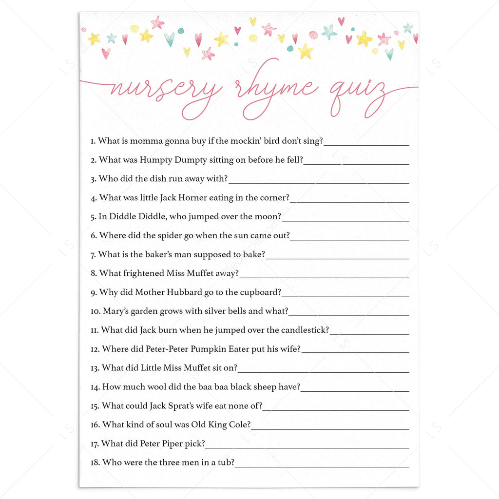 Printable Nursery Rhyme Quiz for girl baby shower | Instant download ...