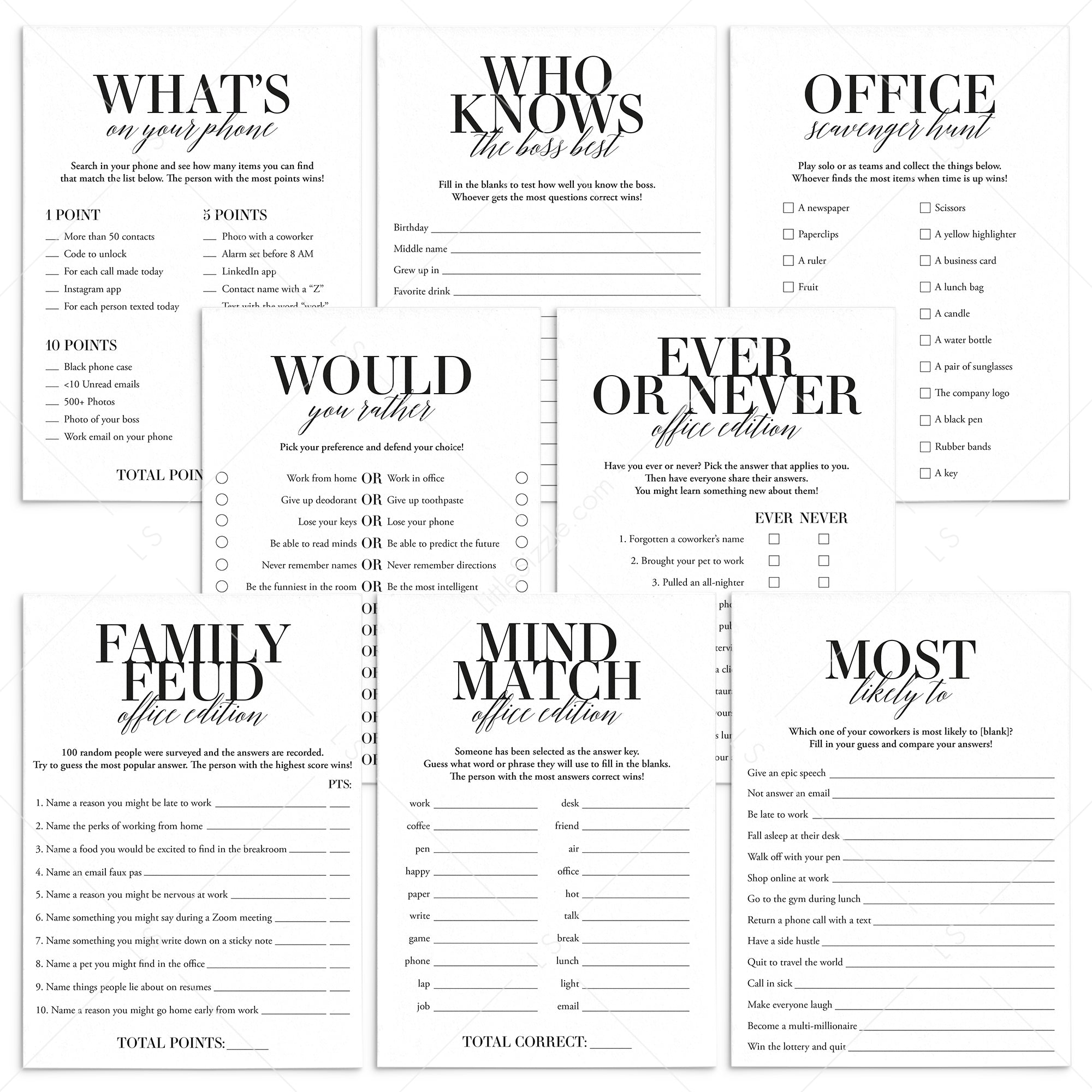 8 Work Party Games Printable by LittleSizzle