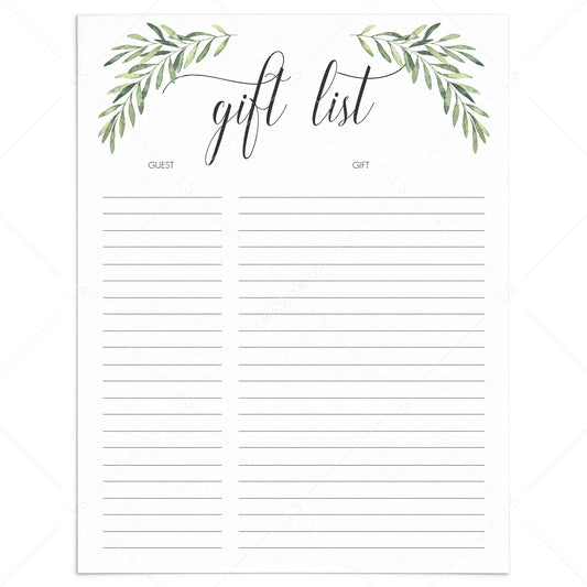 Greenery Guest & Gift List Instant Download by LittleSizzle