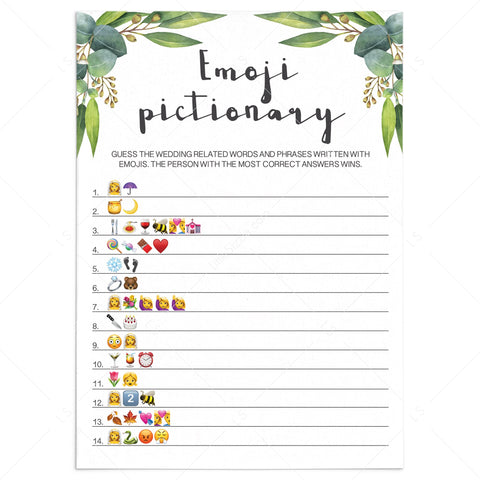 Eucalyptus Bridal Shower Emoji Pictionary Printable | Instant download ...