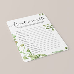 Baby Shower Unscramble the Words Game with Watercolor Green Leaf
