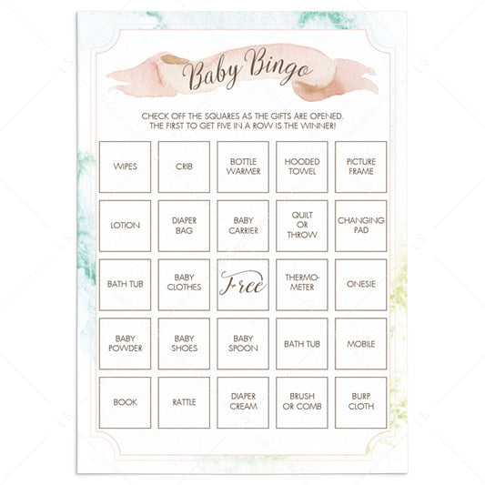 Prefilled baby shower bingo cards with watercolor background by LittleSizzle