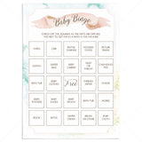 Prefilled baby shower bingo cards with watercolor background by LittleSizzle
