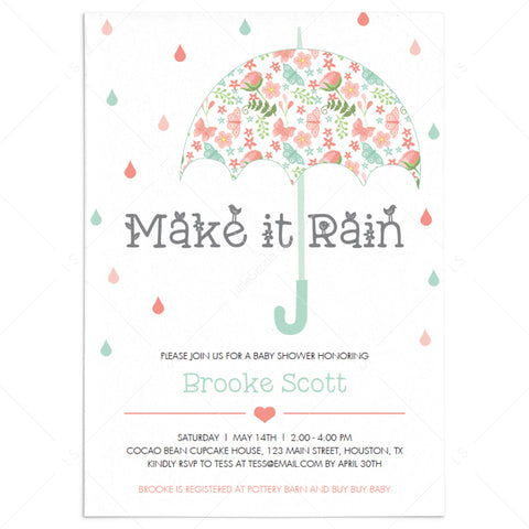 Colorful Rain baby shower invitation template with raindrops and ...