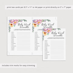 Printable baby shower word scramble with pink purple and yellow flowers by LittleSizzle