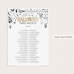 Halloween Phobia Matching Game with Answers Printable