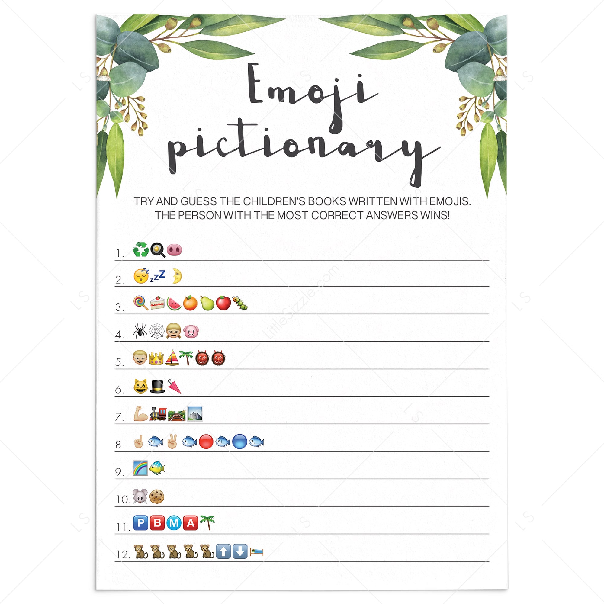 Baby emoji pictionary game with green leaves by LittleSizzle