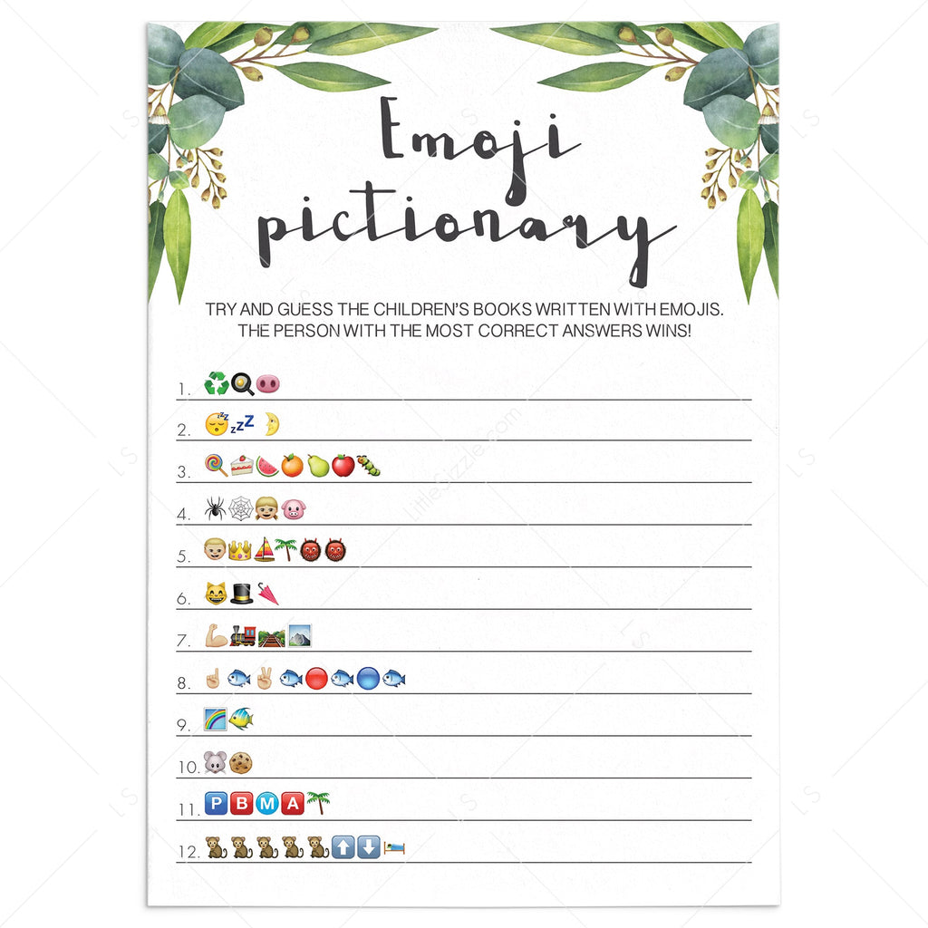 Baby Emoji Pictionary Game Greenery | Printable & Fillable PDF Template ...