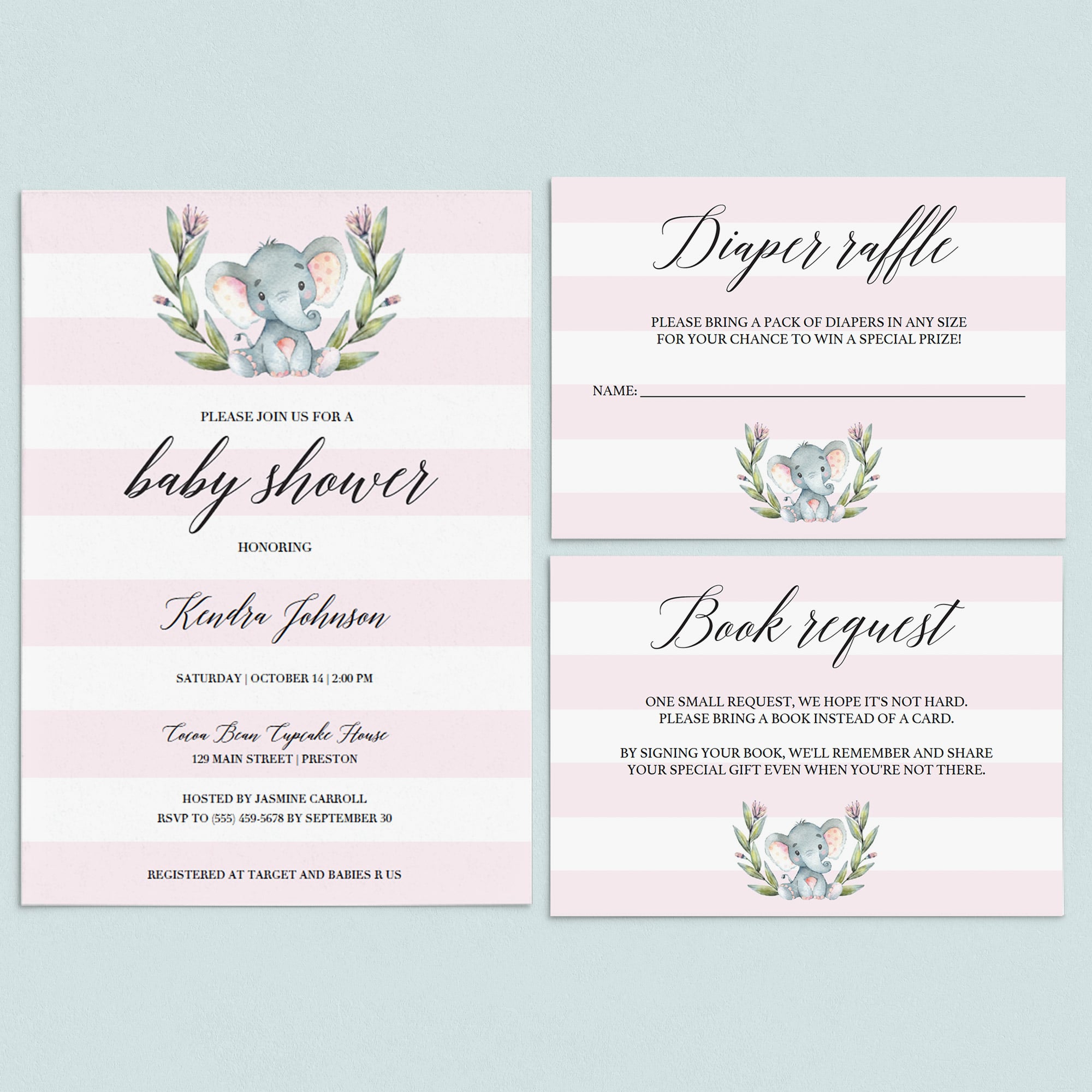 Pink Elephant baby shower invitation templates by LittleSizzle