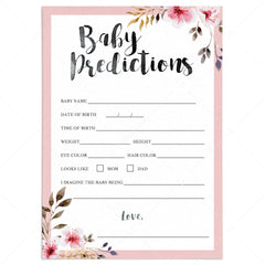 Printable blush baby predictions card for girl baby shower by LittleSizzle